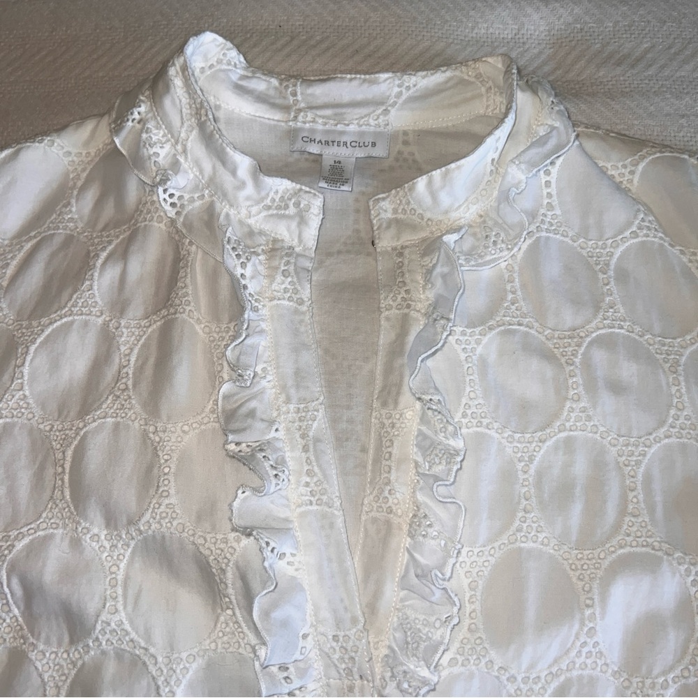 Charter Club Size 14 White Eyelet Cotton Blouse Ruffle V-Neck 3/4 Sleeve Lined - Picture 9 of 10